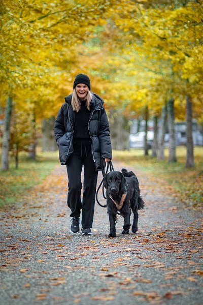 Dame og hund på tur gjennom prestegardsalleen ein fargerik haustdag. 