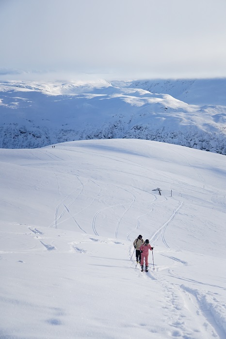 par på veg oppover på randonee ski