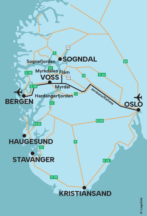 kart over sør norge, med Voss utmerka