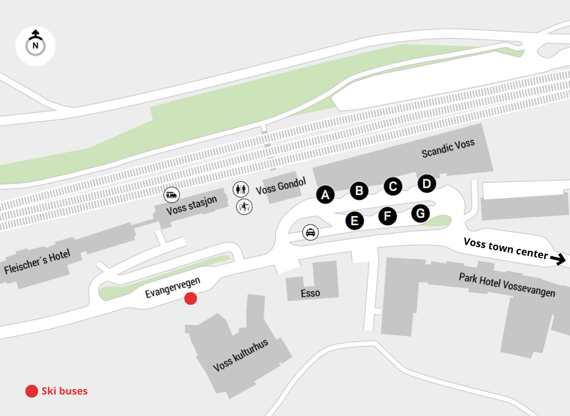 map of voss station, with the ski buses marked with a red circle next to voss culture center