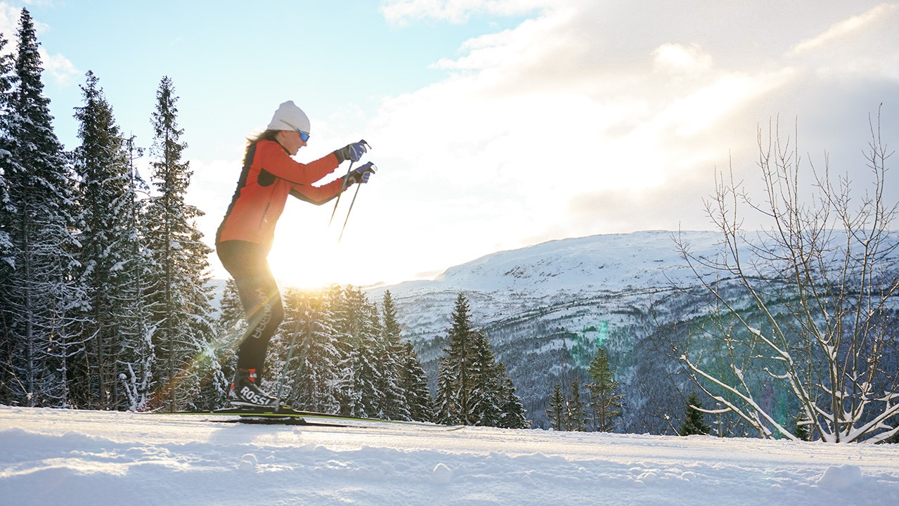 Dame på ski med sol og blå himmel i bakgrunnen