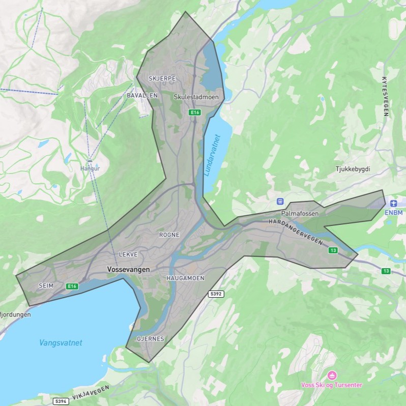 kart over Voss Sentrum, der bestillingsbussen kan bestillest