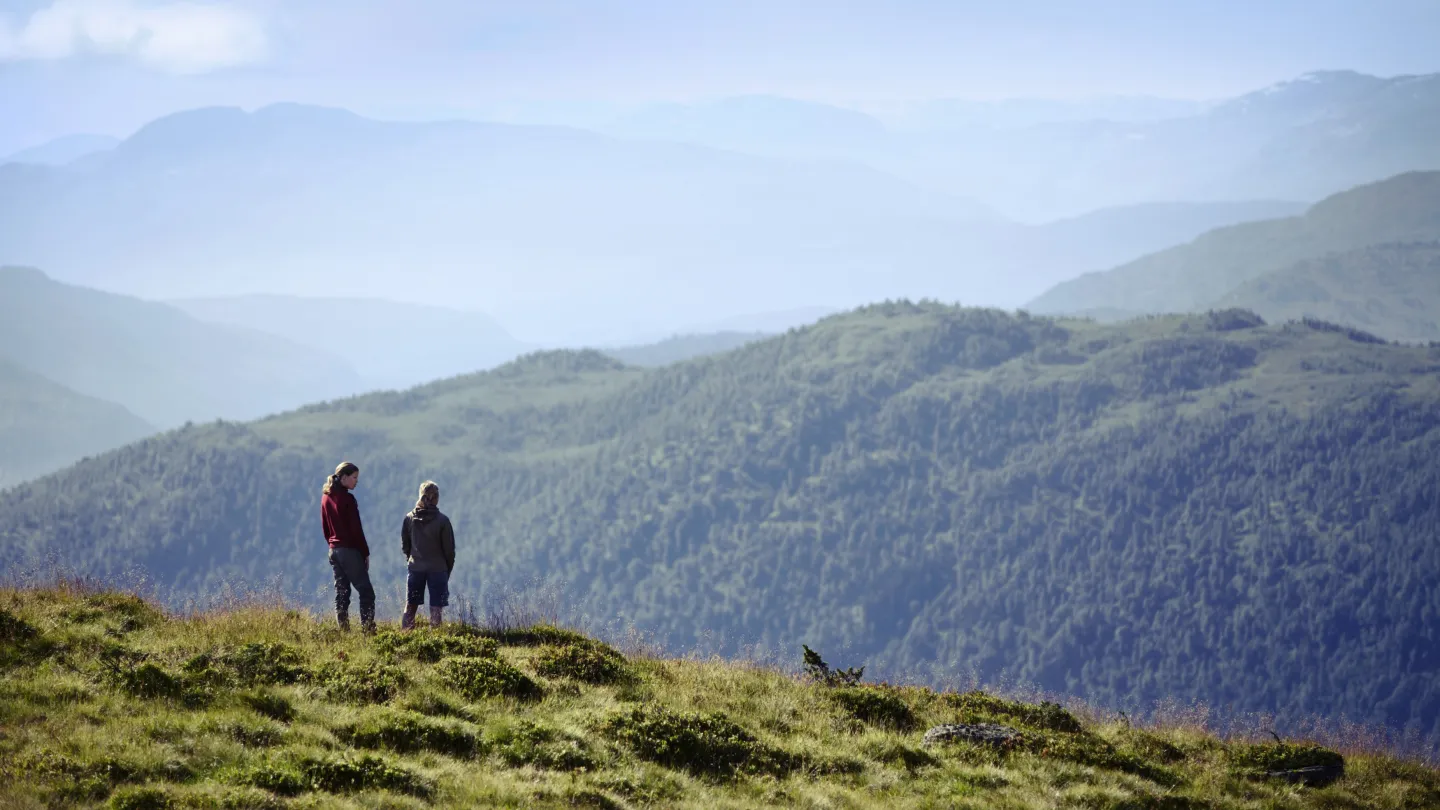 two people enjoying the mountain view, on a hight in Myrkdalen
