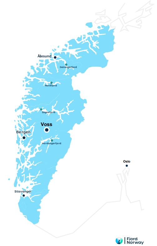 kart over fjord norge regionene, med Voss uthevet